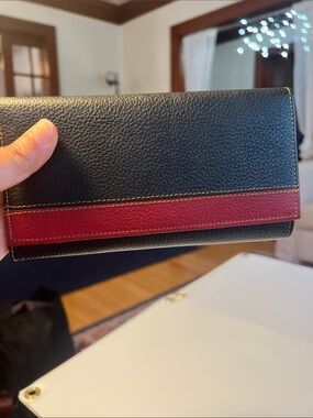Black  100% Leather Trifold Wallet with Red Accent brown stitch
